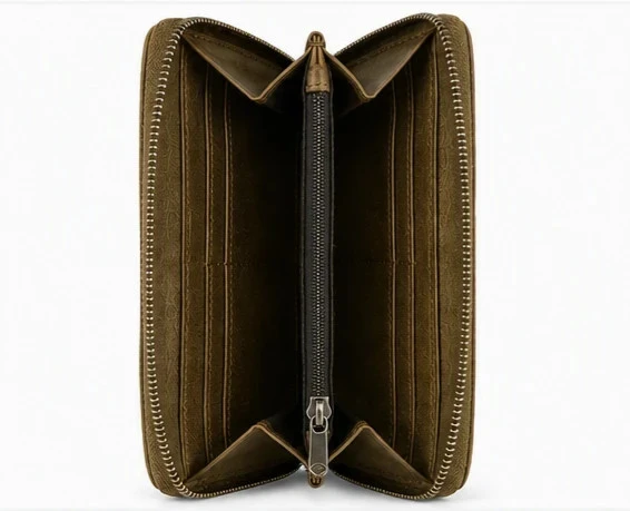 Khaki leather wallet – Multiple compartments – Zipper closure – Very good condition – photo 2